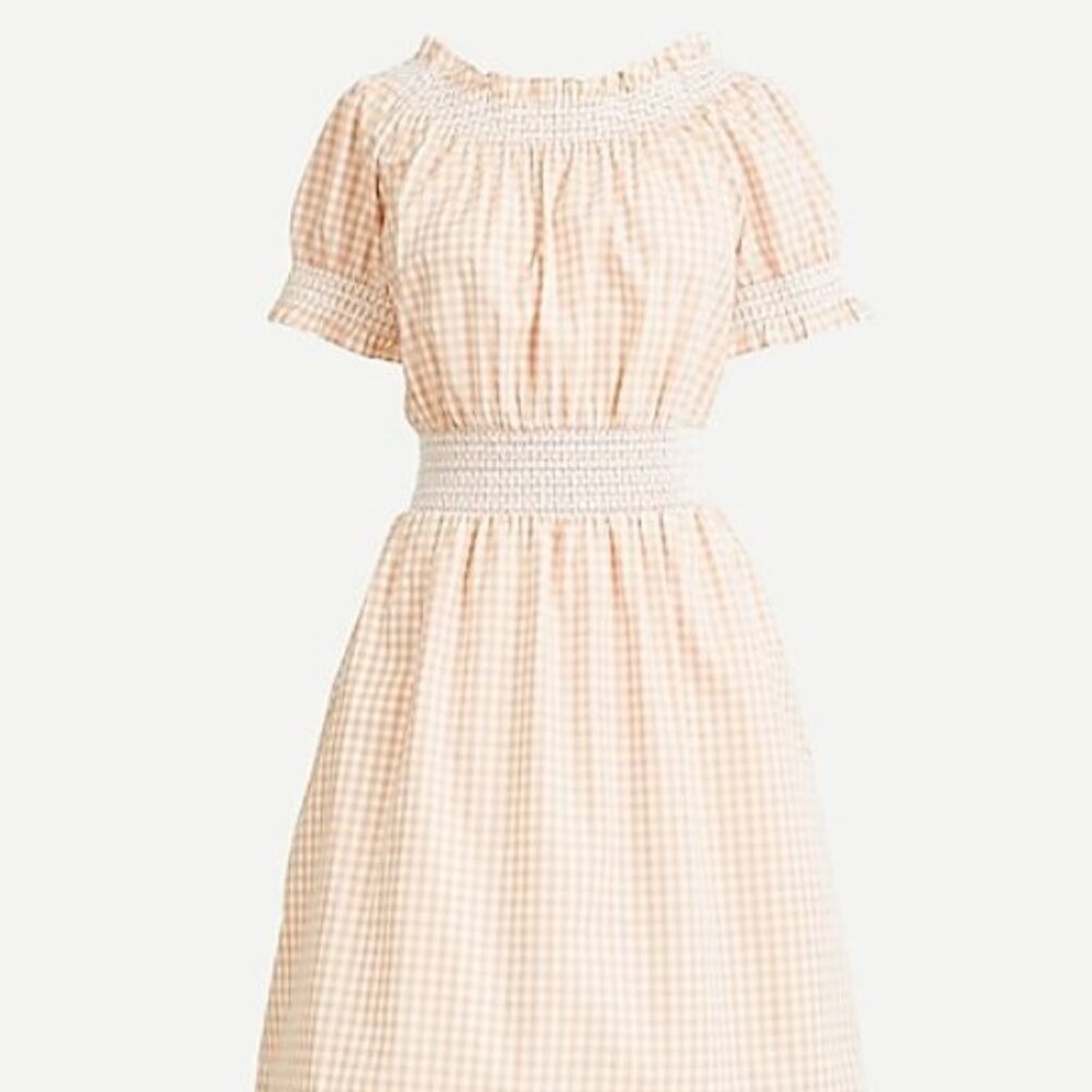 NWT J. Crew Smocked Puff-Sleeve Cotton Poplin Dress in Gingham